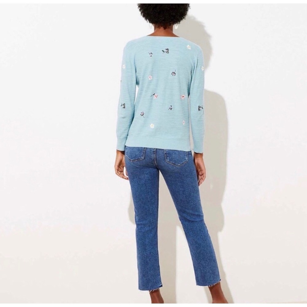 LOFT Blue Floral Embroidered Cotton Cardigan Sweater Small NWT 530976 - Picture 3 of 7